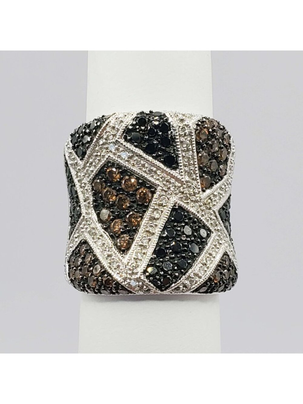 1.92 ctw Chocolate Black & White Diamond Cigar Ring 14k White Gold Size 8.5
